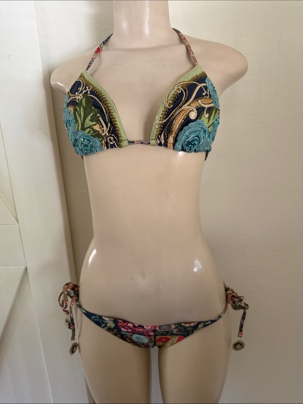 Agua Bendita Teal & Navy Floral Embroidered Triangle Bikini S